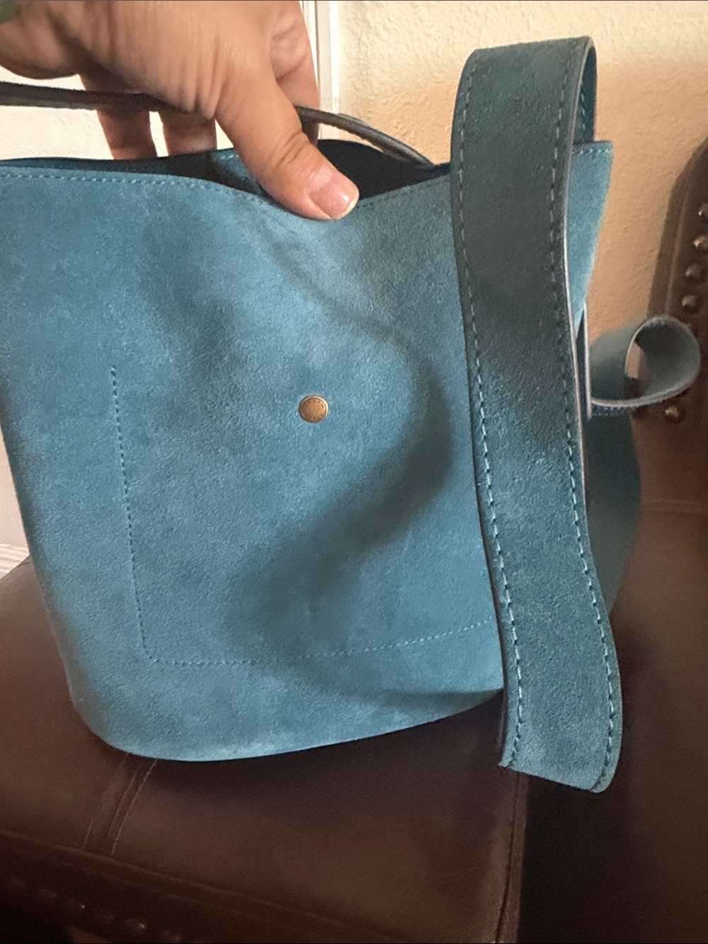 COACH Teal Suede Bucket Bag with Wide Adjustable Strap - Picture 9 of 11